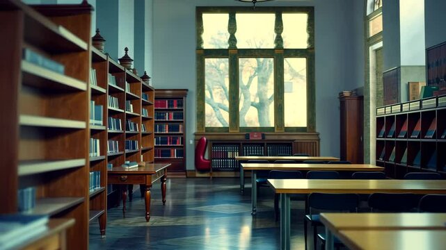 The library features rows of wooden bookshelves stocked with various books, while empty study tables await eager students in a sunlit, tranquil setting.