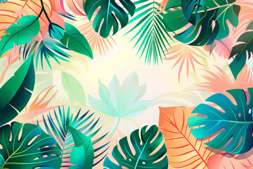 Hello Summer concept design, summer panorama, abstract illustration with exotic jungle leaves, colorful design, summer background and banner, vector illustration