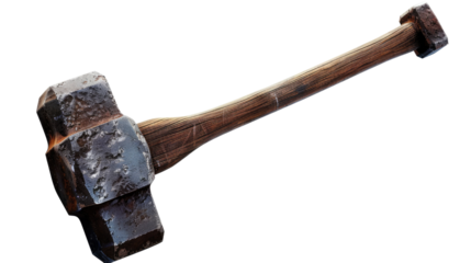 The Mighty Sledgehammer: A heavy-duty sledgehammer with a weathered wooden handle, representing power and construction.