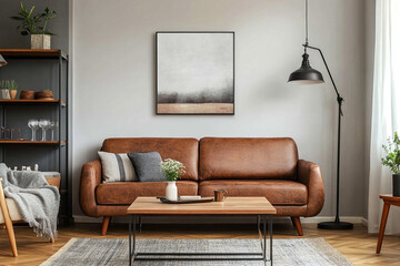 A living room with a brown leather sofa, wooden coffee table, and an armchair near the wall in a Scandinavian-style interior design of a modern home