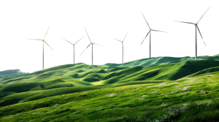 Renewable Energy on Rolling Hills: A row of majestic wind turbines stand tall on rolling green hills, harnessing the power of the wind to generate clean, sustainable energy. 