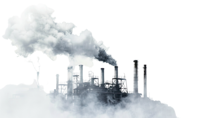 Industrial Pollution: The image features a looming industrial complex, engulfed in thick plumes of smoke, representing environmental concerns.