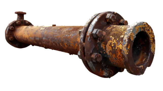 Rusty Industrial Pipe: Close-up of a severely rusted industrial pipe showcasing the effects of time, weathering, and corrosion, ideal for illustrating decay, obsolescence.