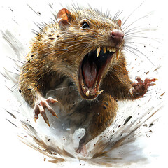 Fearsome rat baring teeth in a snarl bursts forth in a dynamic pose amidst dust and debris.