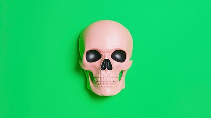 Fototapeta premium Pastel Pink Human Skull Model on Green Background Halloween Decoration