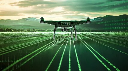 Futuristic drone hovering over an agricultural field, leveraging advanced technology and data streams for precision agriculture and sustainable crop monitoring - Powered by Adobe