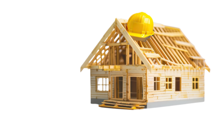 Construction Progress: A miniature wooden house under construction, showcasing the skeletal framework of the structure, with a hard hat placed atop, symbolizing the ongoing process and future home.