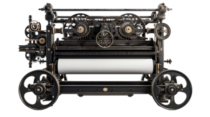 Mechanical Marvel: A close-up shot showcasing a meticulously engineered printing press with a paper roll.