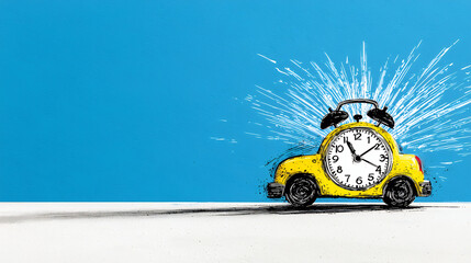 Pixel Art Yellow Alarm Clock Car Speeding on Blue Background