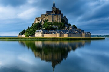 A breathtaking view of Mont Saint-Michel, the medieval abbey rising from the misty waters at sunrise