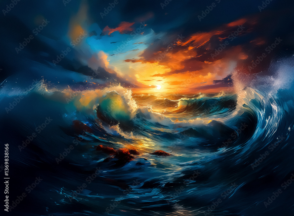 Poster dramatic seascape: powerful waves crash under a stormy sunset sky. vibrant orange sunlight breaks th