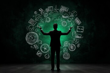 A businessperson juggling multiple tasks, with floating icons of time, money, and resources around them