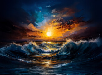 Obraz premium Dramatic sunset over a turbulent ocean, waves crashing under a colorful sky, painted with bold brushstrokes and dark moody tones, creating a powerful seascape.
