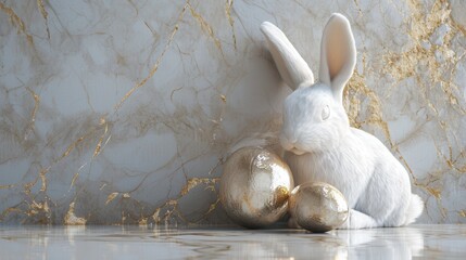 abstract white gold marble rabbit and eggs 