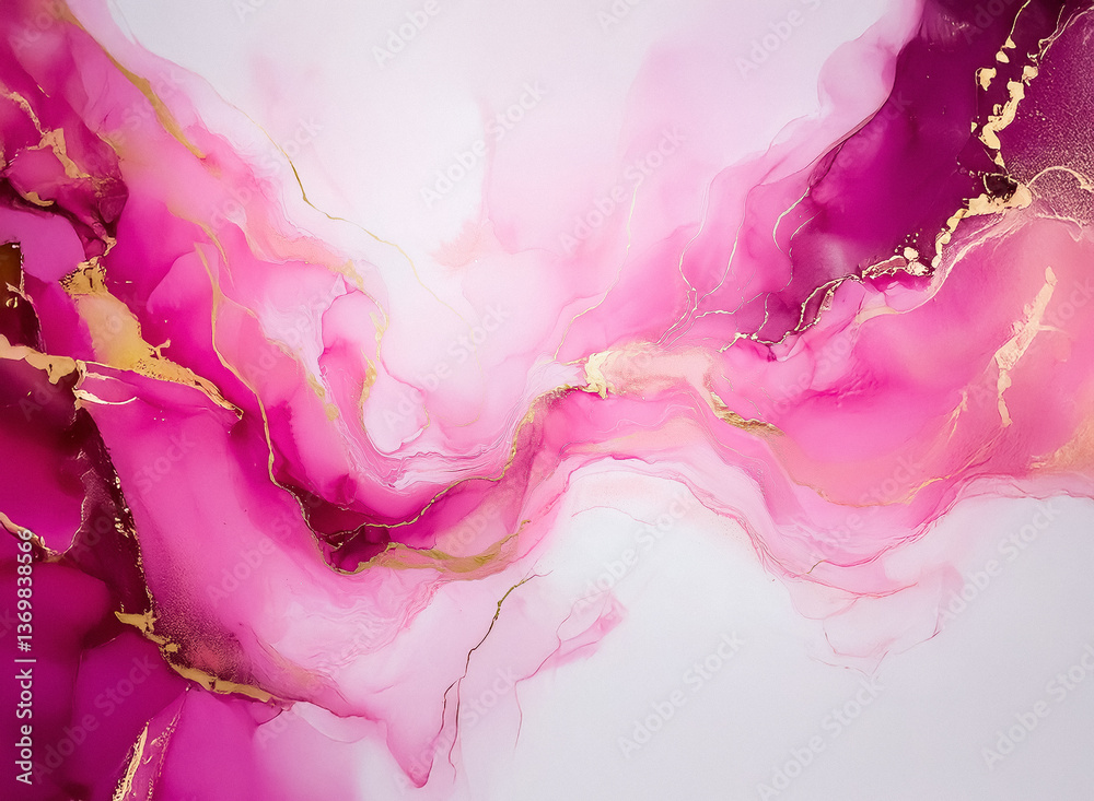 Poster Elegant pink and gold abstract art. Flowing shapes and fluid lines create a dreamy, soft, and elegant design. Artistic and modern with vibrant colors.
