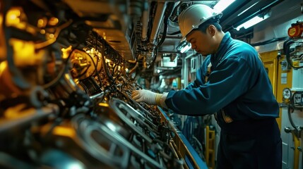 A technician in uniform inspects complex machinery inside a vessel