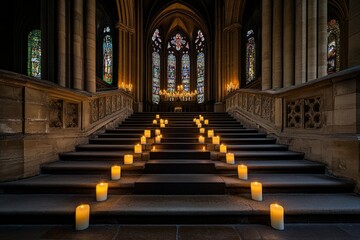Obraz premium A candlelit evening inside a Gothic cathedral in France, where light filters through ancient stained-glass windows