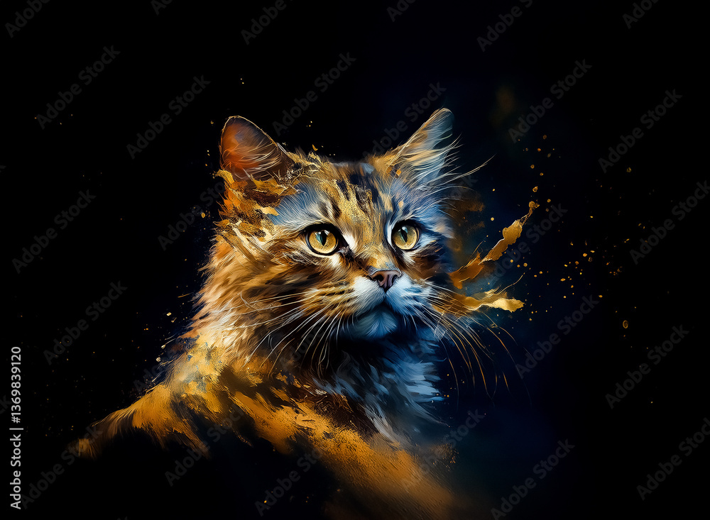 Poster fluffy brown cat with striking yellow eyes on dark backdrop in digital painting. artistic brush stro