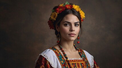 Elegant young woman in traditional ethnic attire with floral headpiece and vibrant colors, exuding cultural pride and beauty.