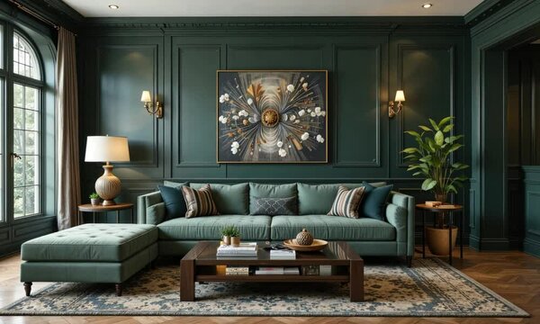 Moody dark green living room with statement artwork gold accents and classic wall paneling. 