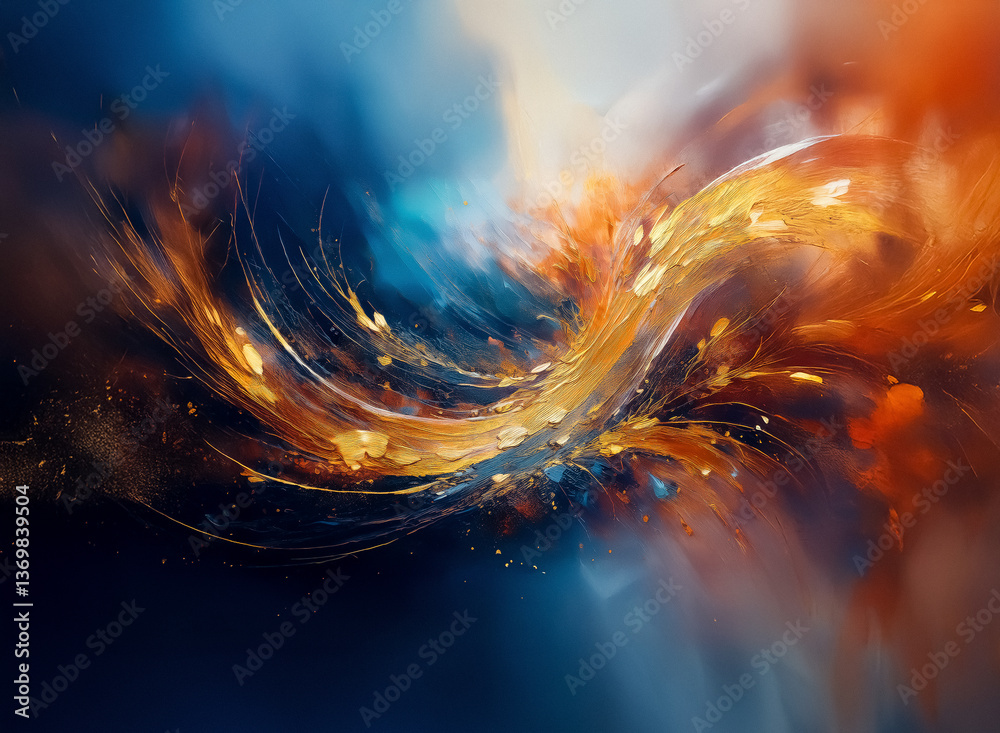 Poster abstract artwork featuring dynamic swirling brushstrokes of orange, yellow, and blue creating a sens