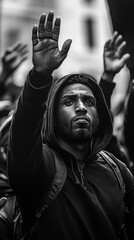 Black and White Protester Raising Hand in Crowd Demonstration