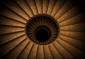 An overhead shot reveals a brown stone spiral staircase descending into the shadows.