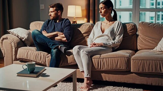 Angry, conflict and sad couple after a fight in the bedroom at home thinking about divorce, depression and .erectile dysfunction. Man and woman with stress, sex problems or anxiety in a relationship