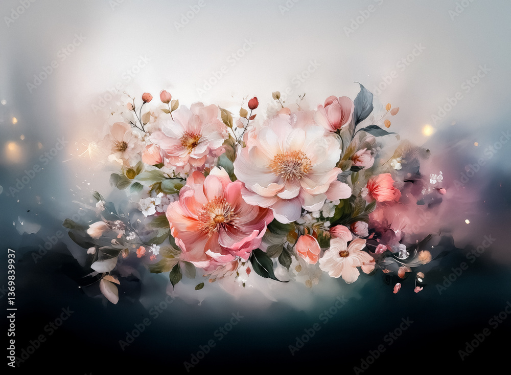 Poster soft watercolor floral artwork with delicate pink and peach blossoms. gentle and artistic style with