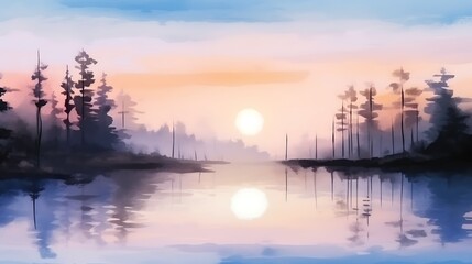 Naklejka premium Serene Sunset Over Still Water and Silhouetted Trees