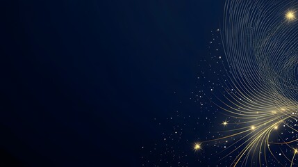 A mesmerizing digital artwork featuring a dark blue background with golden lines and sparkling stars creating an illusion of depth and movement, evoking a sense of space exploration and cosmic wonder.