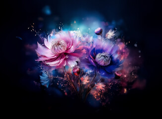 Fototapeta premium Vibrant pink and blue flowers bloom against a dark backdrop, creating a dreamy, ethereal floral display with bokeh effects.