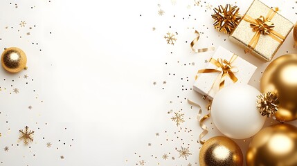 Fototapeta premium A festive holiday scene featuring golden and white Christmas ornaments, wrapped presents with gold ribbons, and scattered glittering star confetti on a clean white background.