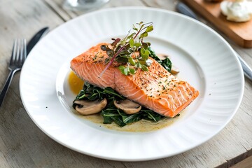 Salmon fillet served with sauteed greens and mushrooms, gourmet plating