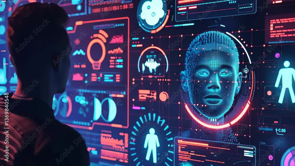 Poster a person engages with advanced holographic interfaces showcasing data analytics and ai metrics in a 