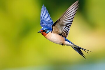 Swallow soaring against a vibrant green backdrop during a sunny afternoon