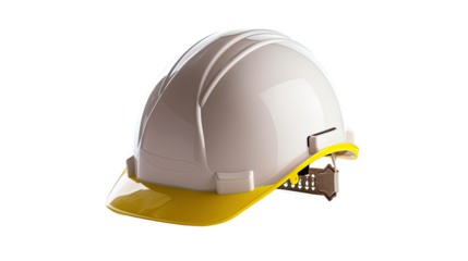 Safety First: A close-up studio shot of a brand new, white hard hat with a yellow brim, symbolizing safety, protection, and the construction industry