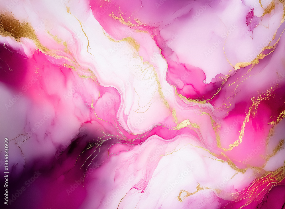 Poster Abstract pink and gold design with a fluid, marble-like texture. Swirling colors create an elegant and vibrant artistic background.