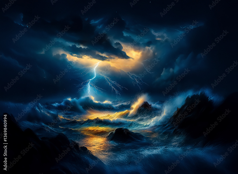Poster dramatic stormy sea with powerful waves crashing under a dark, cloudy sky. lightning illuminates the