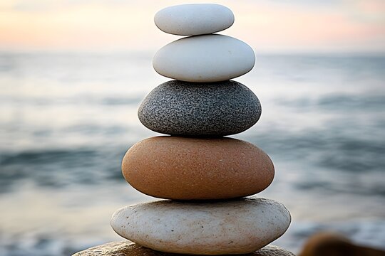 A serene image of smooth stones stacked in a balanced pyramid formation against the backdrop of a calm ocean during sunset, symbolizing tranquility and harmony in nature.