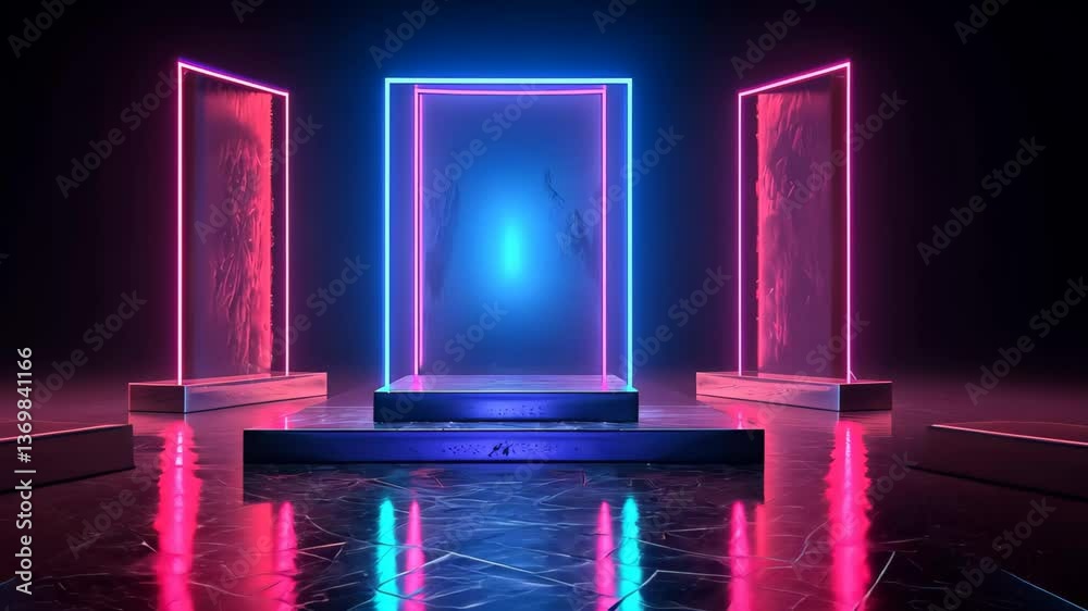 Poster glowing neon rectangular frames illuminate a misty space, creating a captivating visual pathway. the