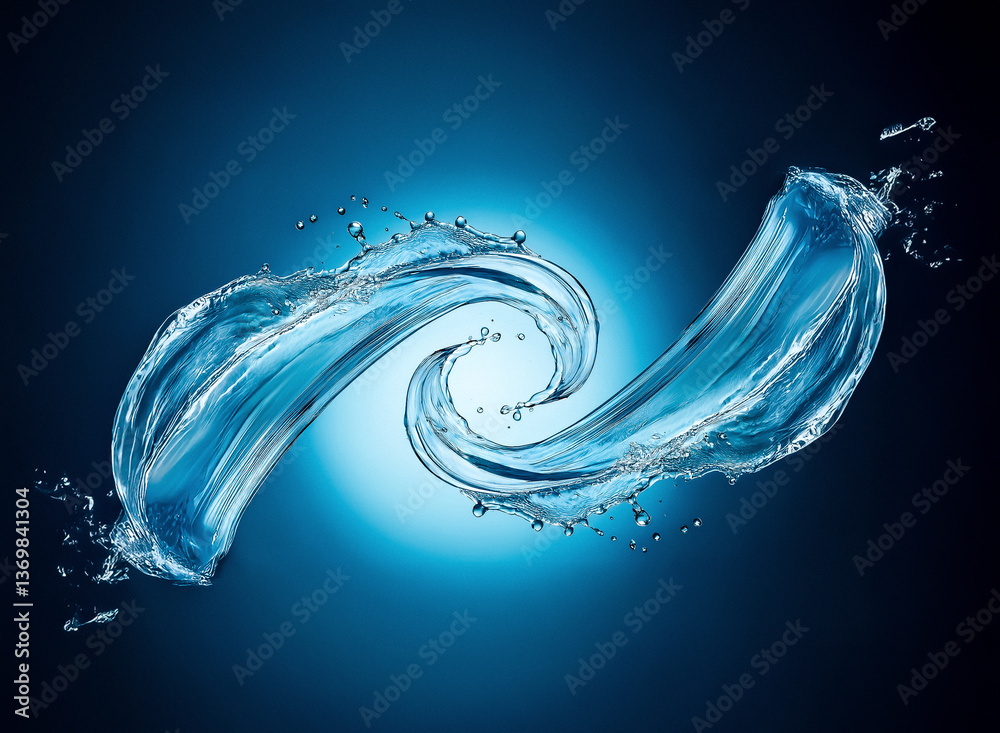 Poster Swirling water in an S shape against blue gradient backdrop. Splashes and droplets create dynamic, fluid motion in this abstract design.