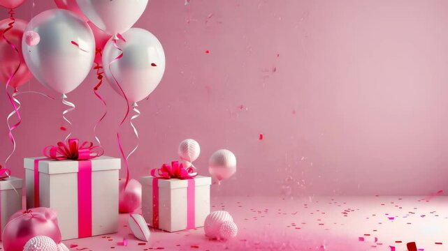 A vibrant setup features pink and white balloons alongside beautifully wrapped gift boxes, creating a joyful ambiance with colorful confetti scattered on the surface.