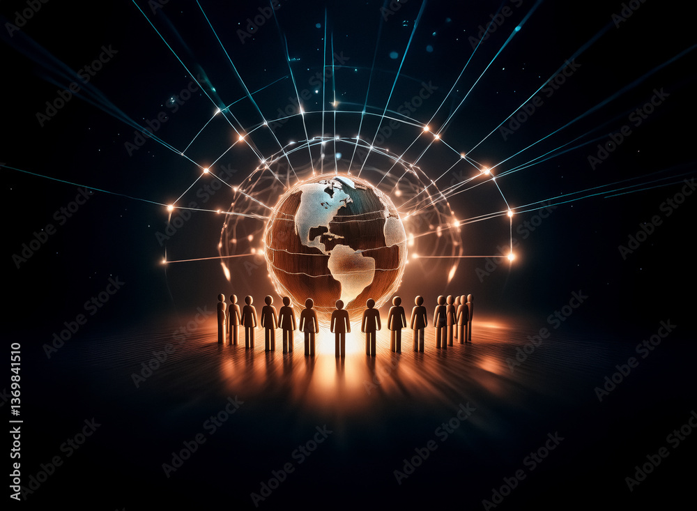 Leinwandbilder Silhouettes of people encircle a glowing Earth globe with light lines connecting points, symbolizing a global network and worldwide connection in dark background.