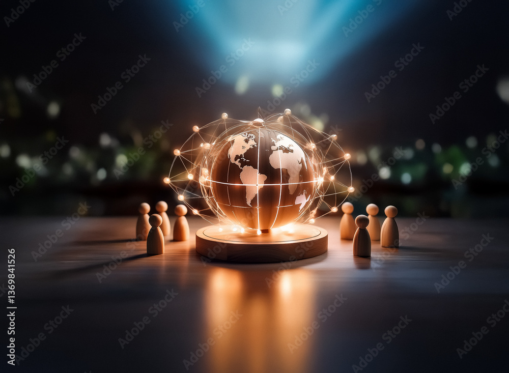 Aufkleber a glowing globe with a network of light stands on a platform, encircled by wooden figures. the scene