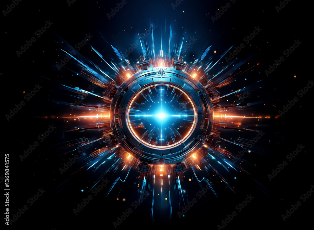 Poster abstract glowing orb emitting radiant blue and orange light against a dark background. futuristic an