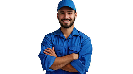 Smiling Technician: A friendly, cheerful technician poses confidently, arms crossed, sporting a blue cap and jumpsuit, ready for action. Capturing professionalism and approachability.