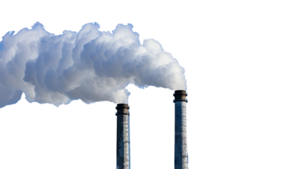 Industrial Emissions: Capturing the environmental impact, depicting smoke plumes rising dramatically from industrial smokestacks against a stark backdrop. 