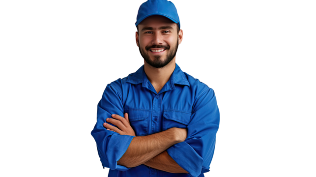 Smiling Technician: A friendly, cheerful technician poses confidently, arms crossed, sporting a blue cap and jumpsuit, ready for action. Capturing professionalism and approachability.