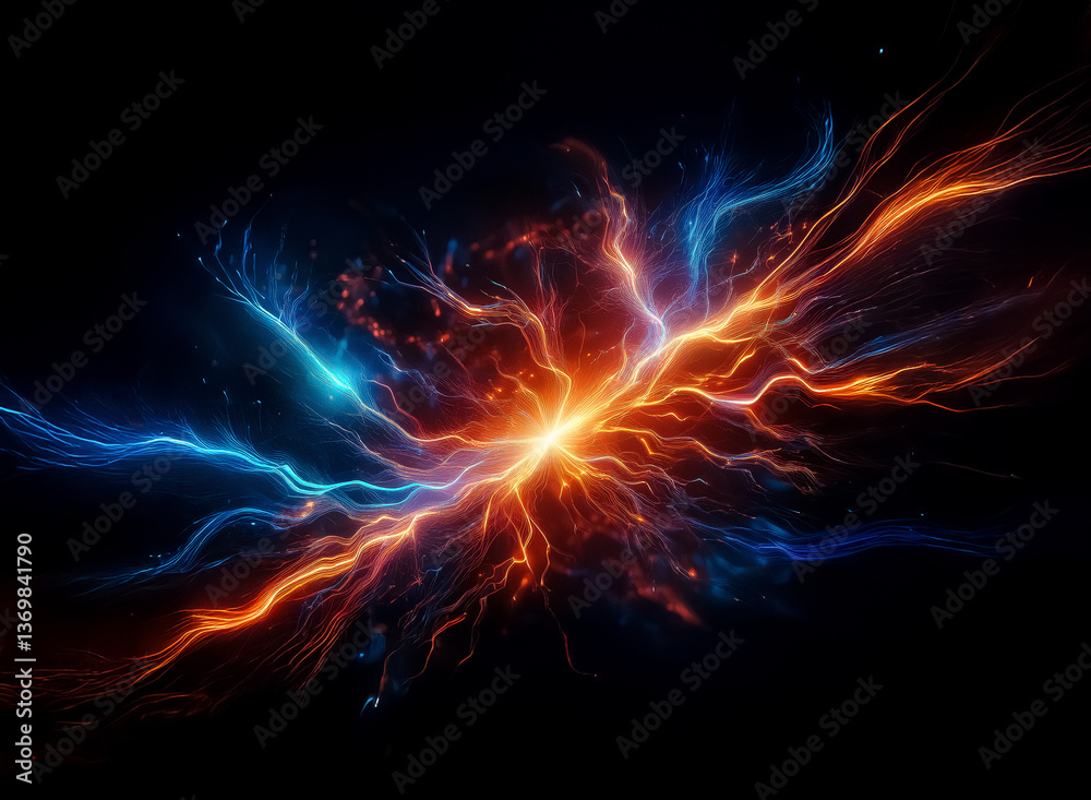 Aufkleber vibrant energy bursts from a central point, radiating orange and blue streams against a dark backdro